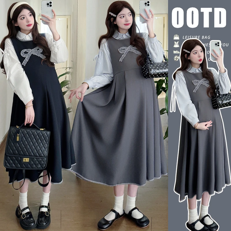 MIMI~孕妇装春季法式娃娃领衬衫+甜美蝴蝶结背心裙孕妇学院风套装