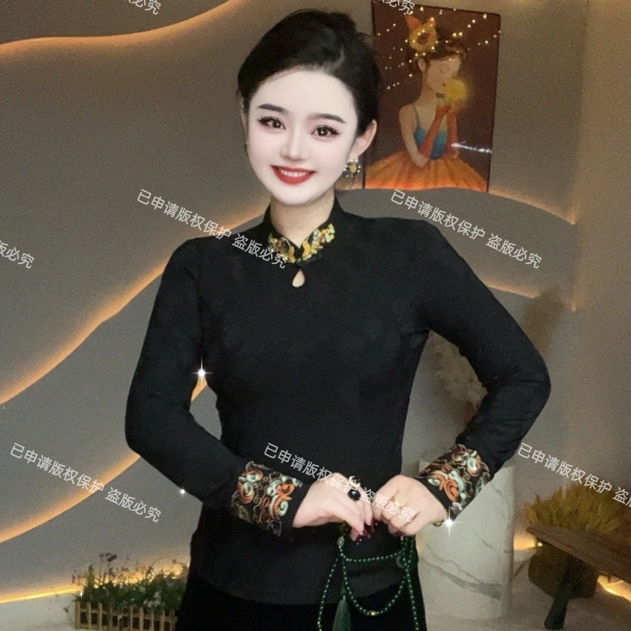 【唐朝夫人】时尚新中式唐朝夫人立体植绒爆款加绒长袖打底衫女