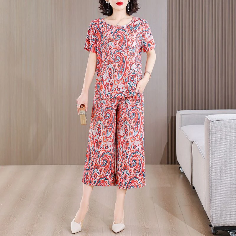 夏季棉绸套装女时尚洋气显瘦薄款外穿短袖休闲阔腿裤两件套人造棉