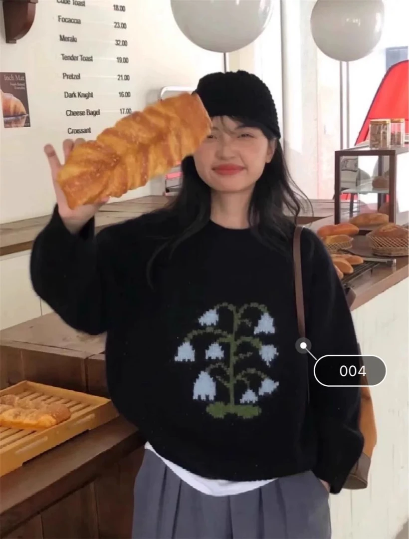 【柒·壹】慵懒高级感刺绣黑色套头毛衣女秋冬打底衫针织衫上衣