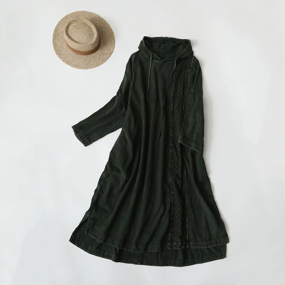 【七喜棉麻】亚麻连帽长裙