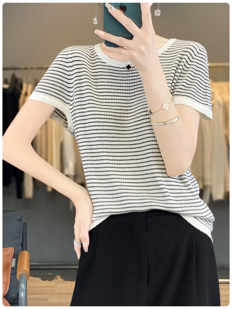 精纺薄款简约半袖圆领条纹针织衫-A65