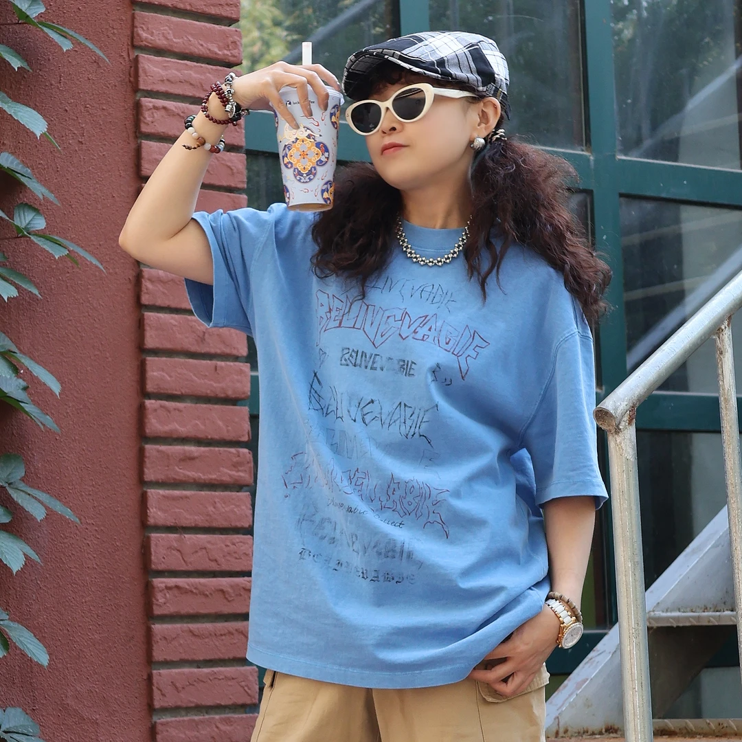 「喜野2025春夏新款」美式复古水洗印花宽松T恤纯棉短袖男女