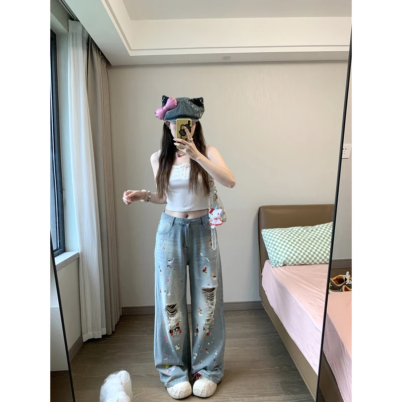小沈美眉微胖梨形显瘦涂鸦贴纸印花破洞牛仔裤夏高腰阔腿拖地长裤