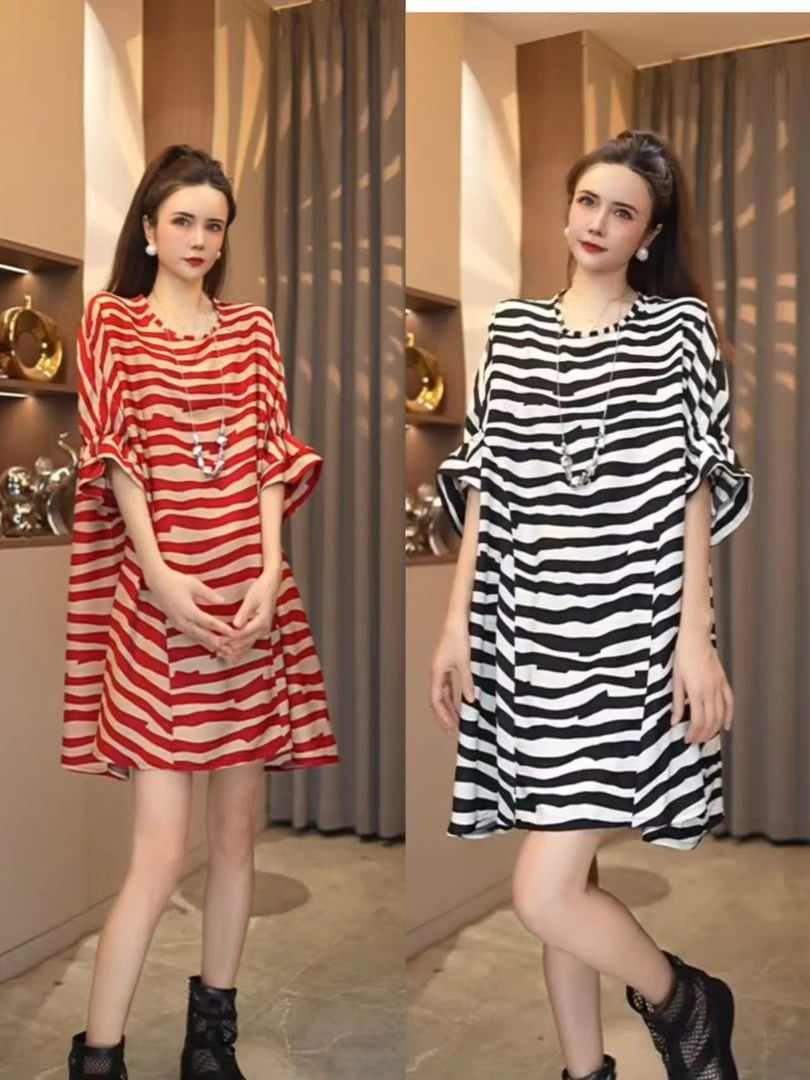 【25605#】新款醋酸缎面宽松条纹显瘦短袖T恤