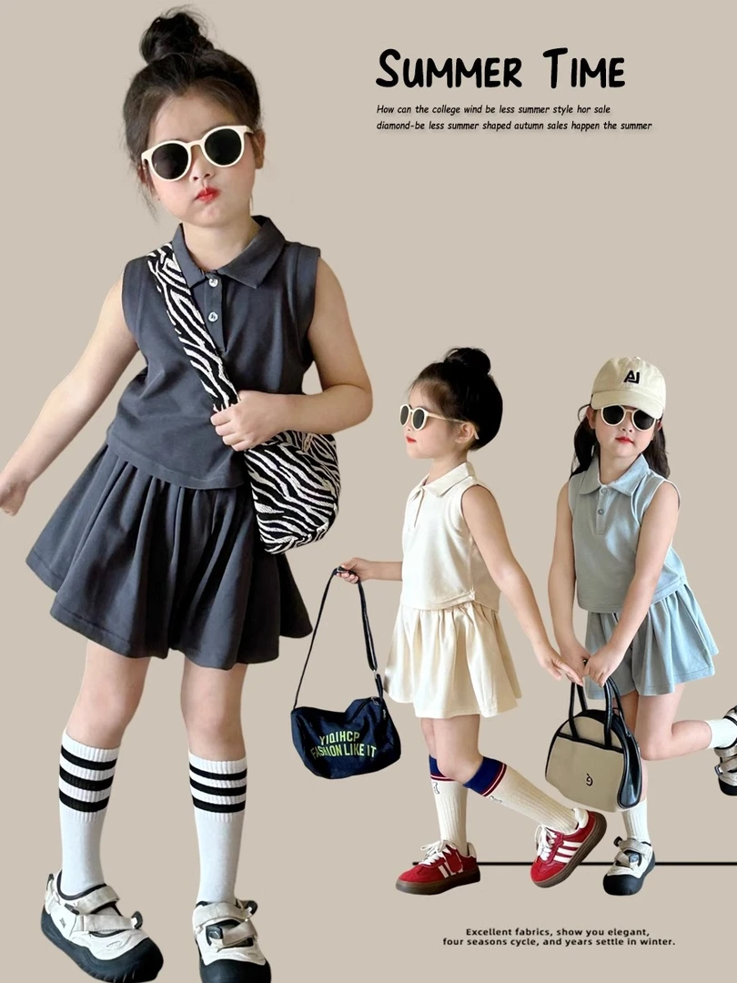 女童休闲套装25夏季新款儿童韩范polo无袖T恤女宝宝洋气裙裤夏装