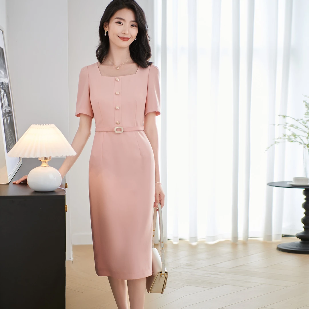 【高宥惠专享】优雅气质方领连衣裙收腰显瘦短袖裙子5Y24CL2886