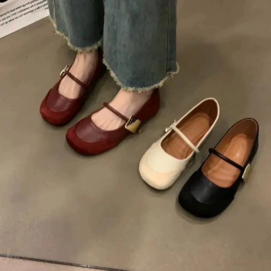 圆头软底软面一字带浅口法式单鞋女2025夏季新款红色玛丽珍鞋女鞋