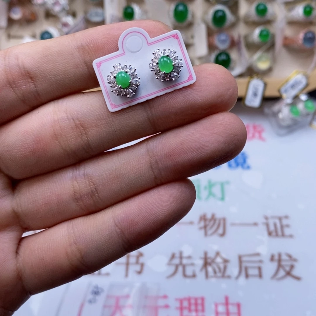翡翠戒指银S925镶嵌天然缅甸翡翠a货