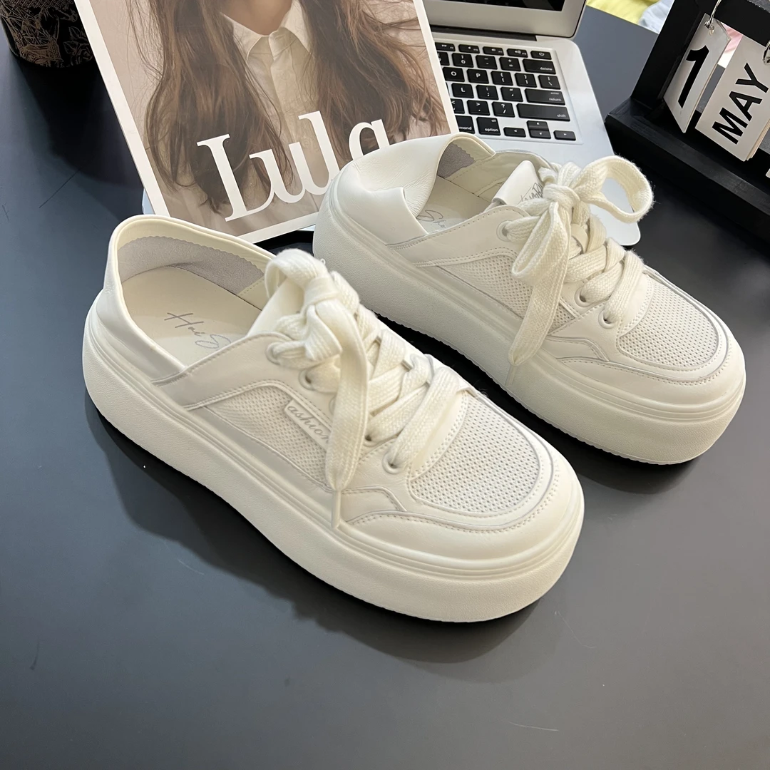 【初奢自制】厚底小白鞋女新款百搭网面透气增高软底轻便休闲平底鞋