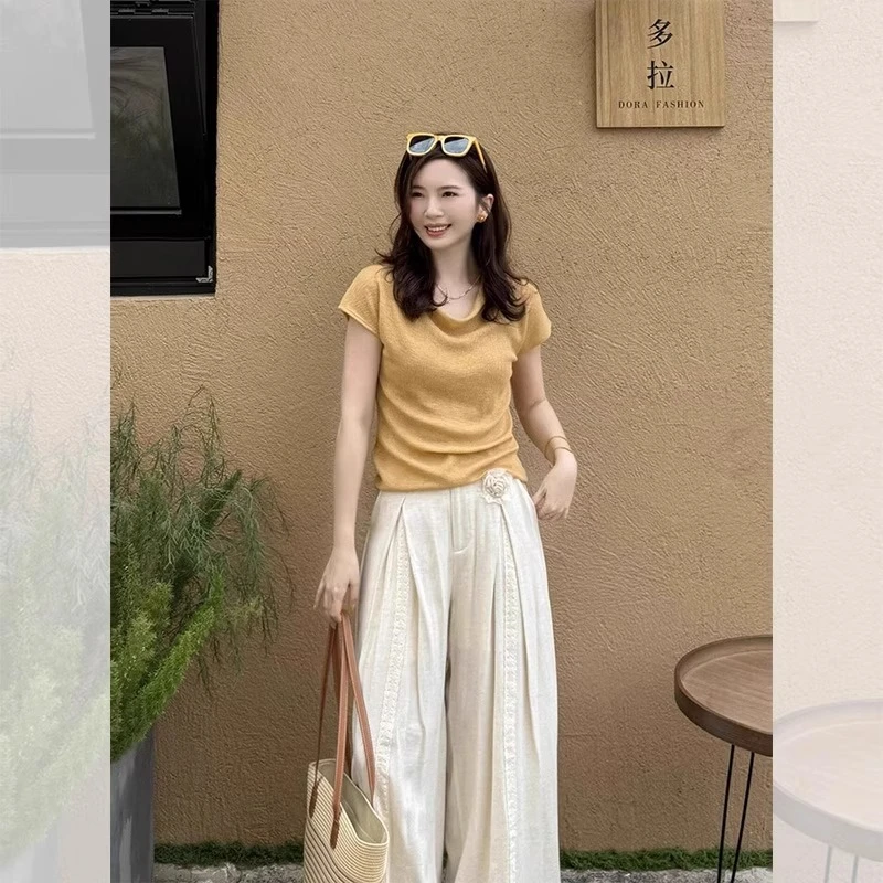 芊芊芙2025欧货小衫爆款修身显瘦上衣小众设计感荡领冰丝短袖t恤