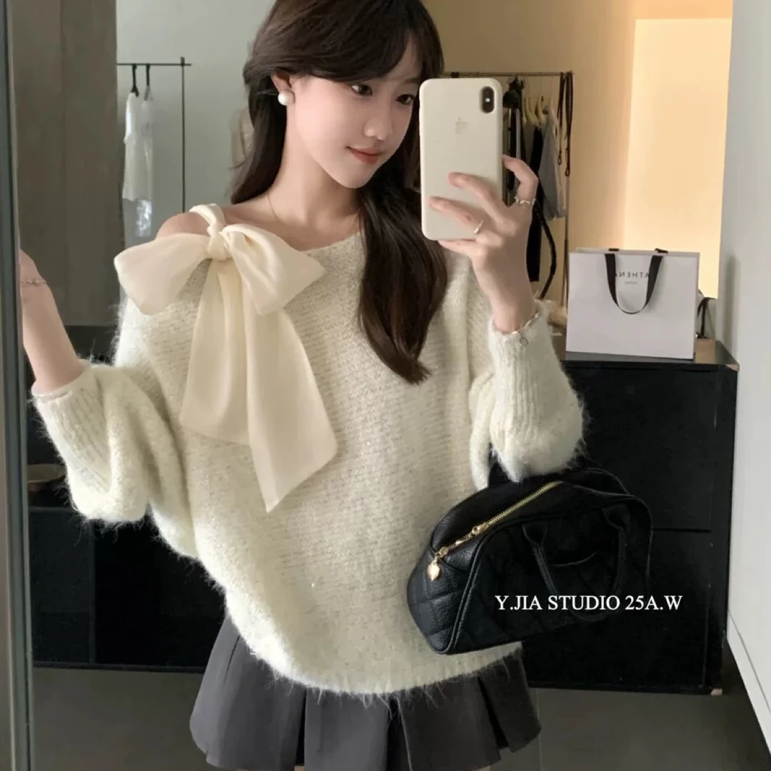 早秋糖果色亮丝系带露肩软糯针织小衫针织衫女