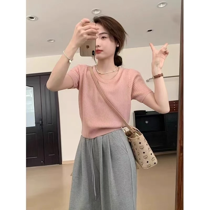 韩系小众薄款低圆领针织短袖T恤女春夏宽松正肩短款坑条半袖上衣