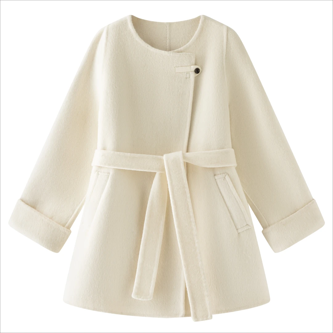 2025新款秋冬系带款小个子高级感宽松高端双面羊毛大衣外套