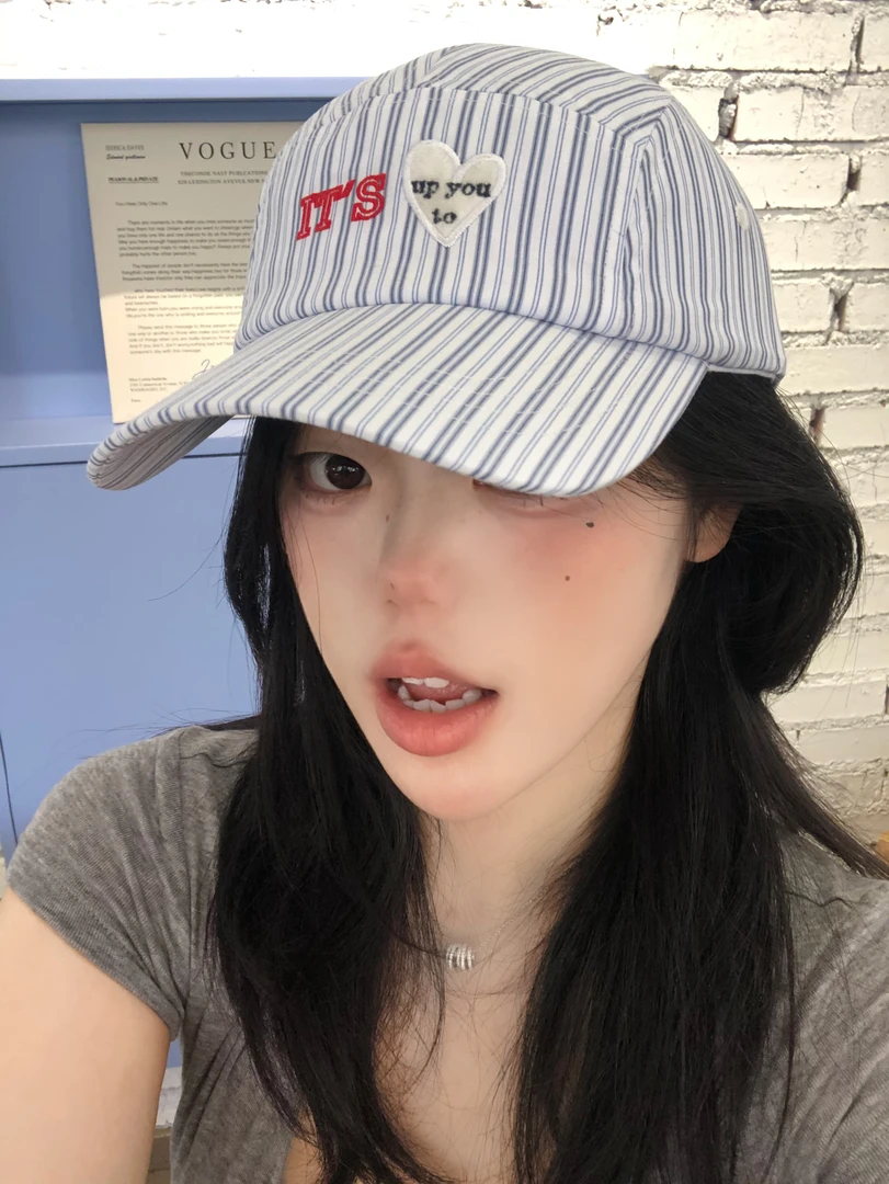 韩国东大门蓝色条纹刺绣棒球帽男女同款休闲百搭显脸小鸭舌帽子潮