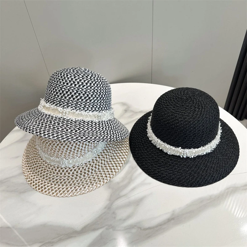 夏季镂空遮阳珍珠织带草帽气质百搭太阳帽出游防晒帽显脸小渔夫帽