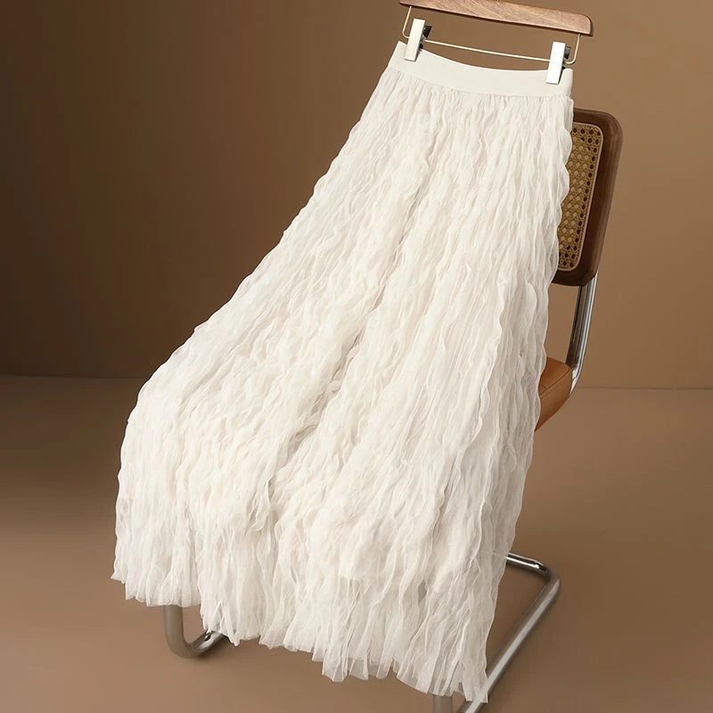 【有2个裙长】高级感杏色褶皱半身裙新款高腰显瘦中长款a字大摆纱裙