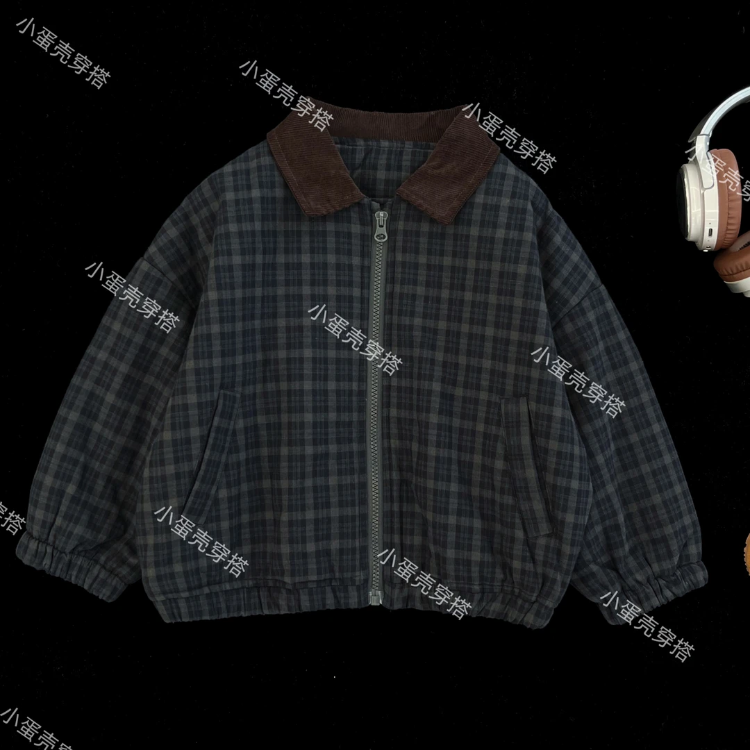 【小蛋壳】【巴恩风格】儿童秋冬韩版时尚夹棉加厚格纹男童宽松外套
