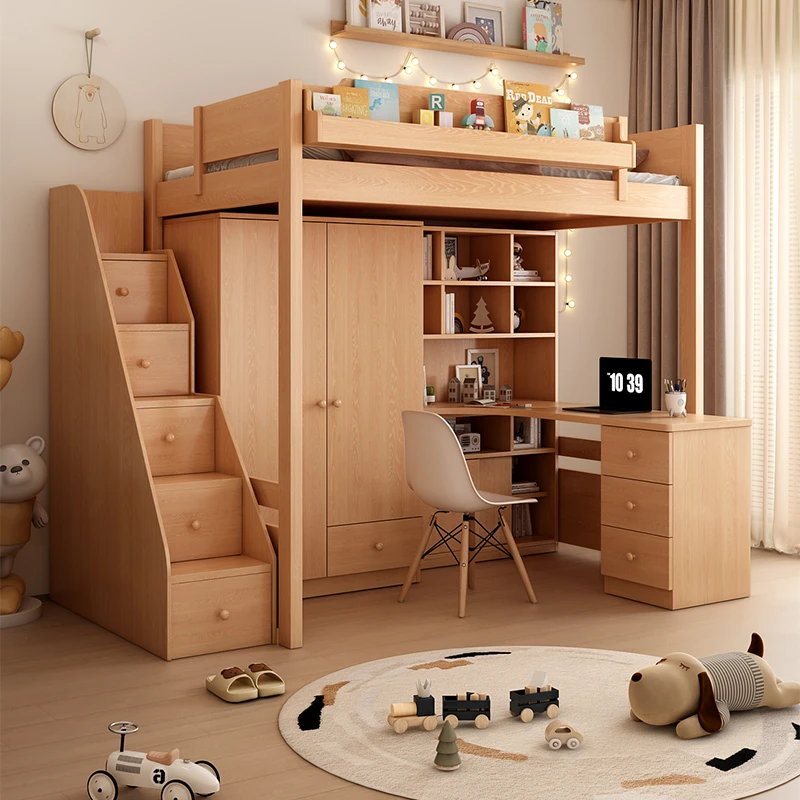 阳普全实木中古风上下床书桌一体上床下桌成人家用组合床上床下柜