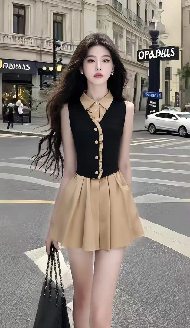 休闲风气质显瘦时尚撞色拼接衬衫领无袖上衣+卡其色半身裙两件套