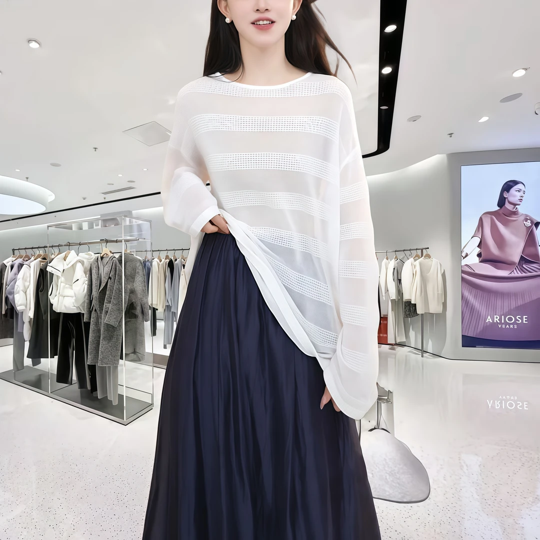 黑白条纹长袖T恤2025女外套春秋新款轻薄防晒罩衫针织衫独特绝美