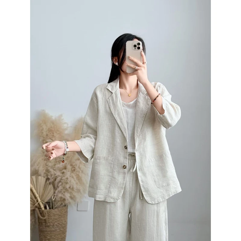 复古亚麻内里包边西装女春新款文艺宽松百搭显瘦休闲上衣