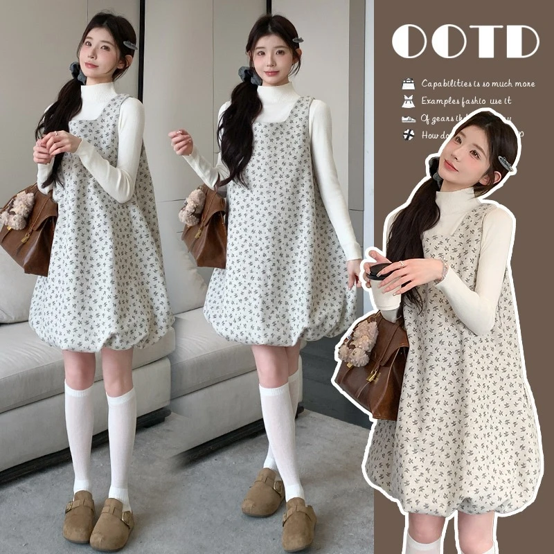 孕妇装秋冬新款背心裙套装减龄时尚韩系碎花花苞连衣裙打底两件套