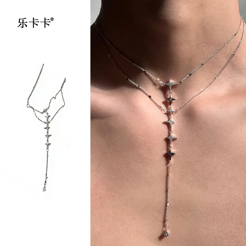 钛钢项链 小众设计氛围感流苏锁骨颈链鱼骨多层闪闪满天星项链