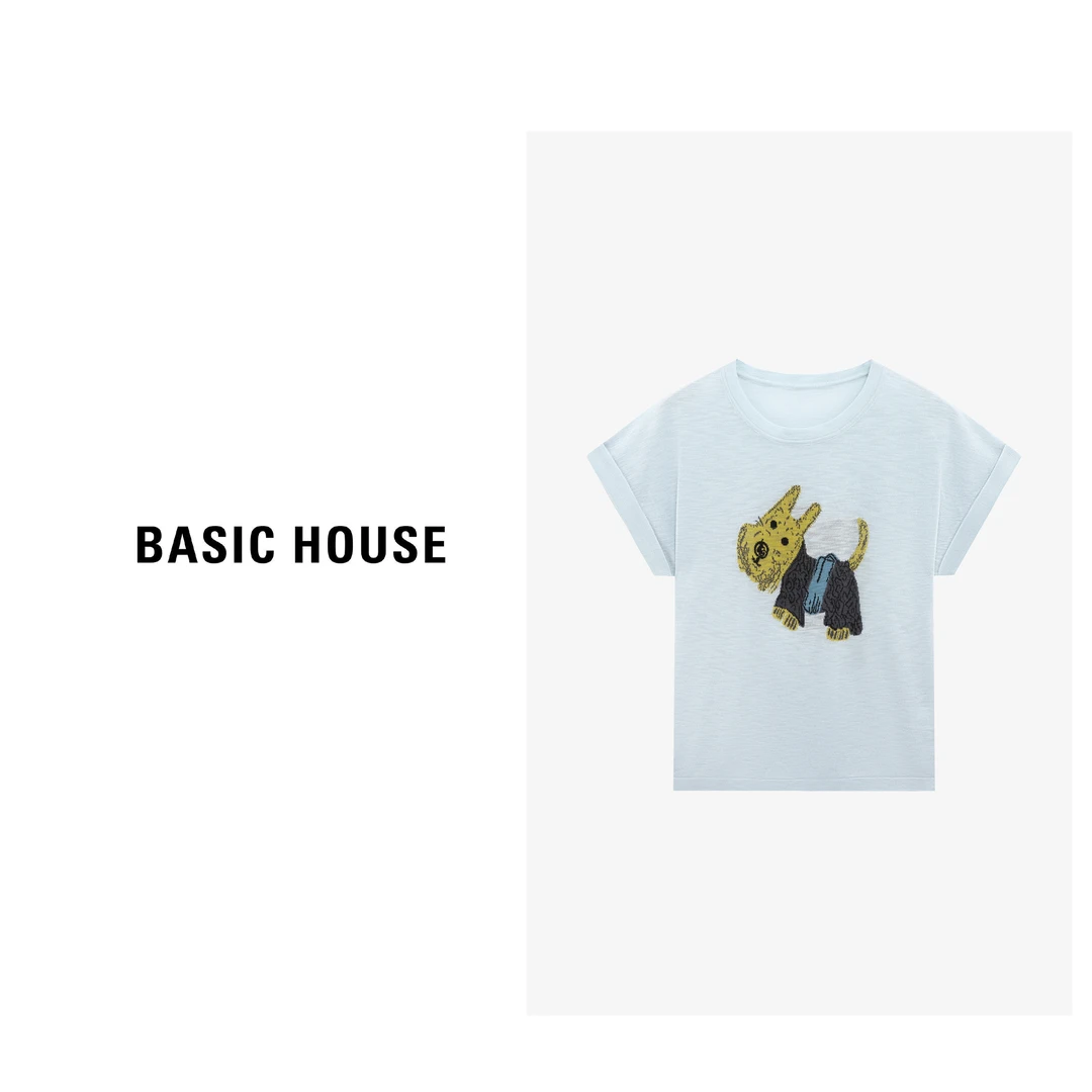 Basic House/百家好夏季时尚百搭卡通印花短袖针织衫-B0625B5ARP2
