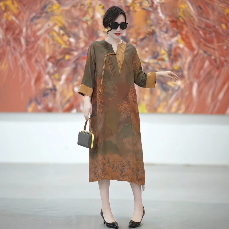 75035短袖高端轻奢贵夫人大码连衣裙新款新中式气质宽松大码长裙
