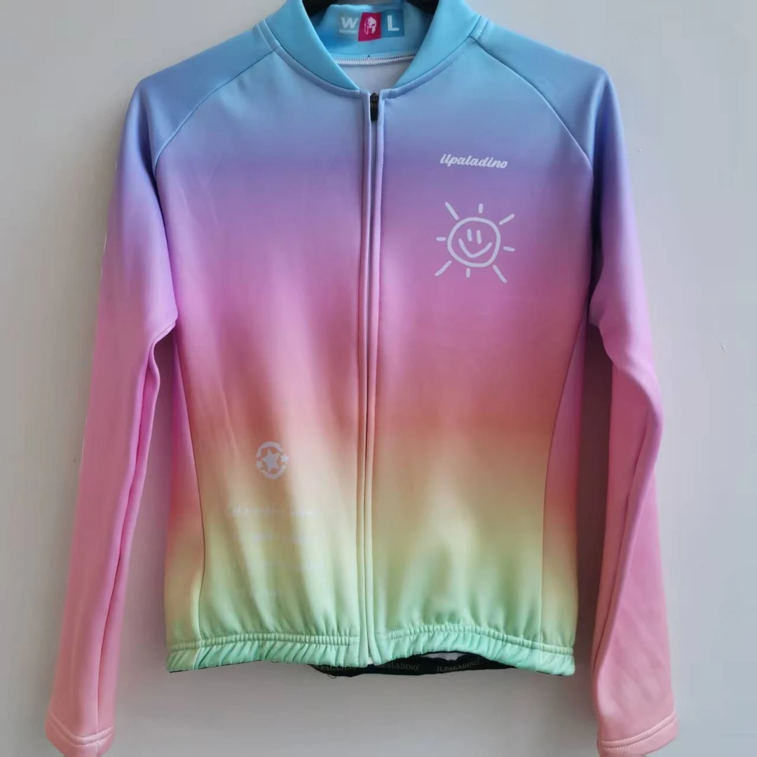 SQ 358【粉蓝黄渐变小太阳抓绒长袖女士】ILPALADINO骑行服秋冬
