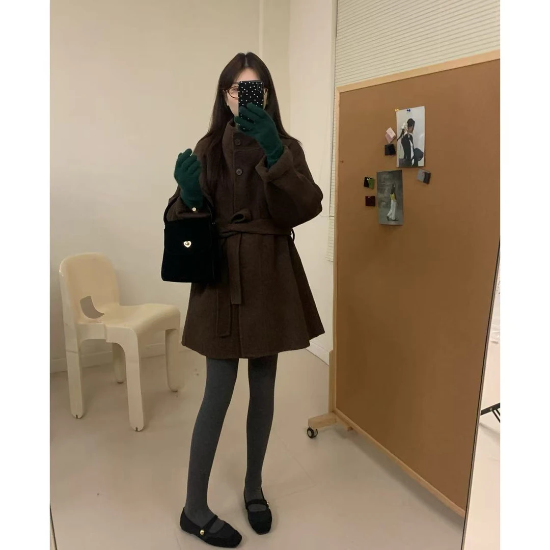 [小明专属]韩版气质显瘦立领系带双面呢大衣外套3003