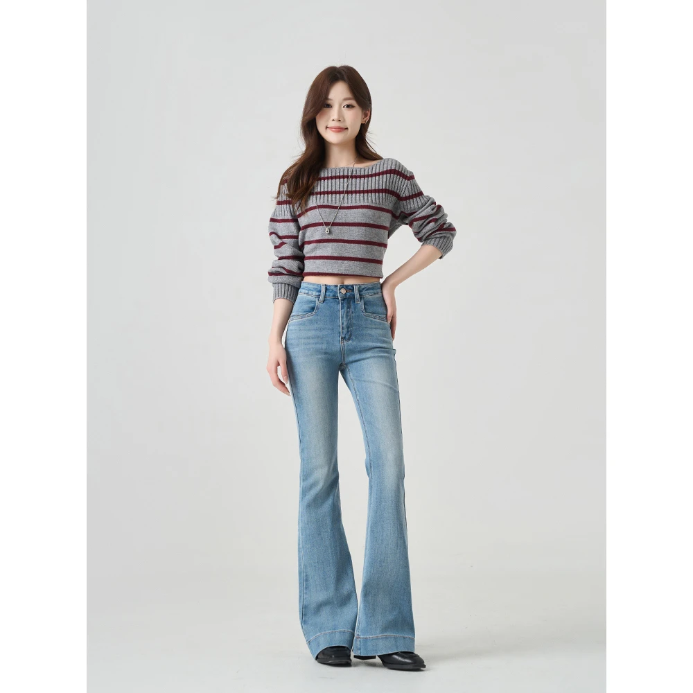 missrococo/洛可可小姐2025春季复古蓝色百搭中高腰微喇牛仔裤女