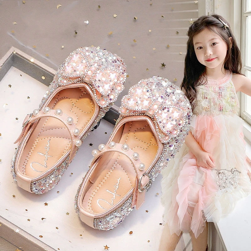 女童艾莎公主鞋子儿童洋气水晶鞋2025春夏新款小女孩亮钻女宝皮鞋