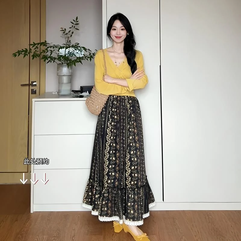 季法式复古领黄色绑带上衣碎花大裙摆半裙两件套女夏季穿搭一整套