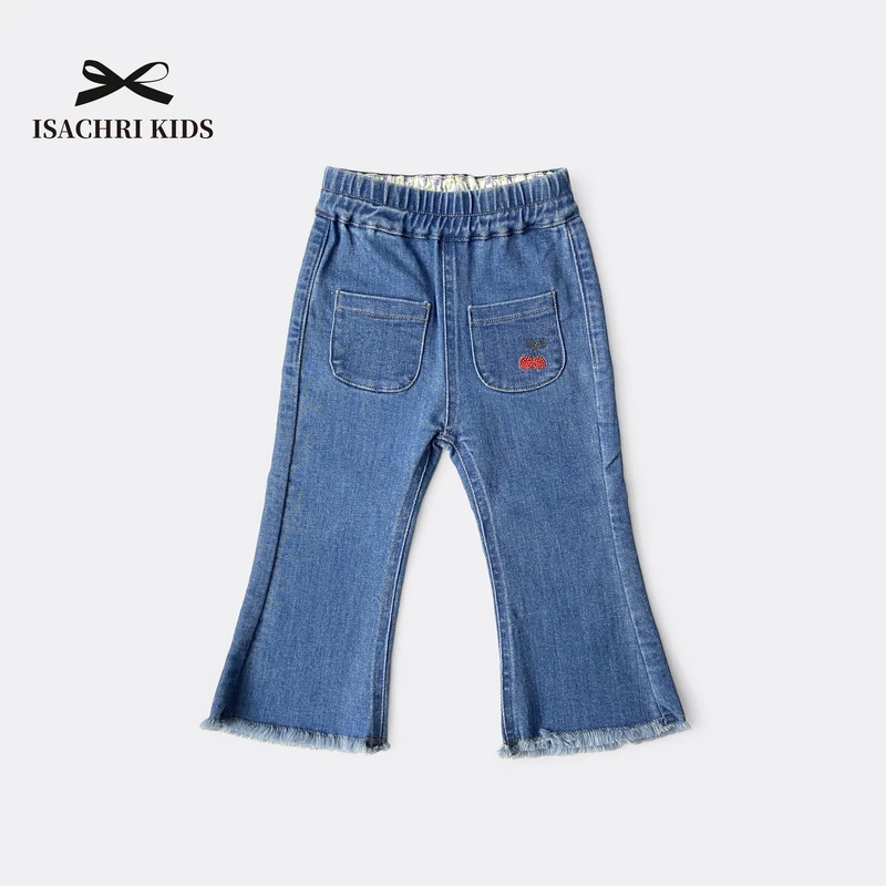 晶晶家【现发】流苏樱桃春季女童牛仔裤时髦微喇裤子女宝长裤 IS381