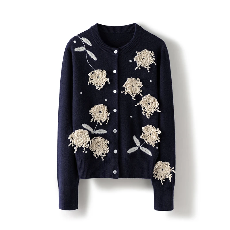 100%山羊绒圆领开衫手工钉花高品质羊绒衫女