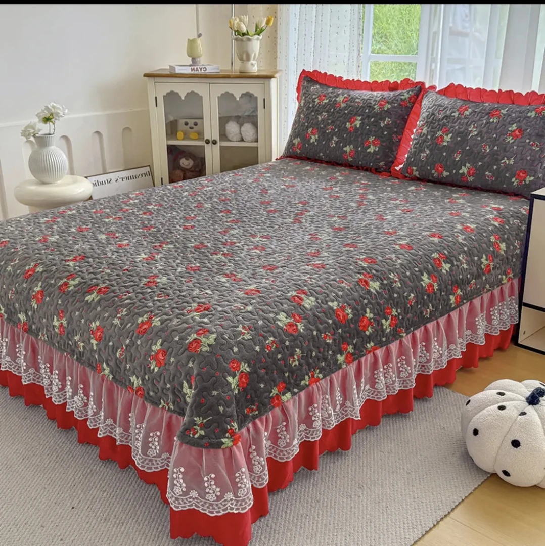 蕾丝花边升级款宝宝绒冬季夹棉加厚防滑绗缝可机洗床盖