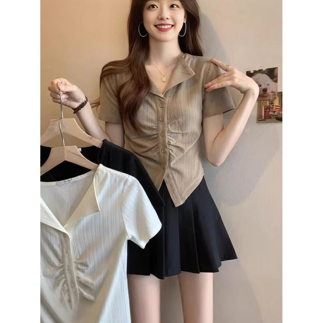 短袖T恤女大码设计感抽褶V领2024年夏季新款修身短款显瘦上衣