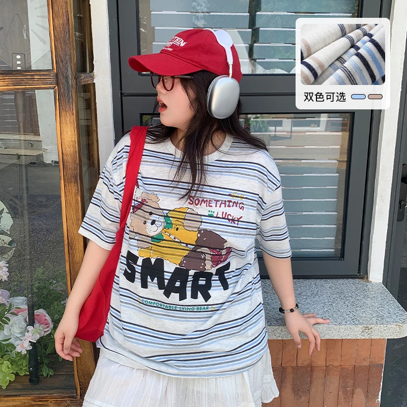 YUZI/鱼子T恤短袖大码条纹休闲卡通宽松刺绣撞色条纹胖MM时尚双色
