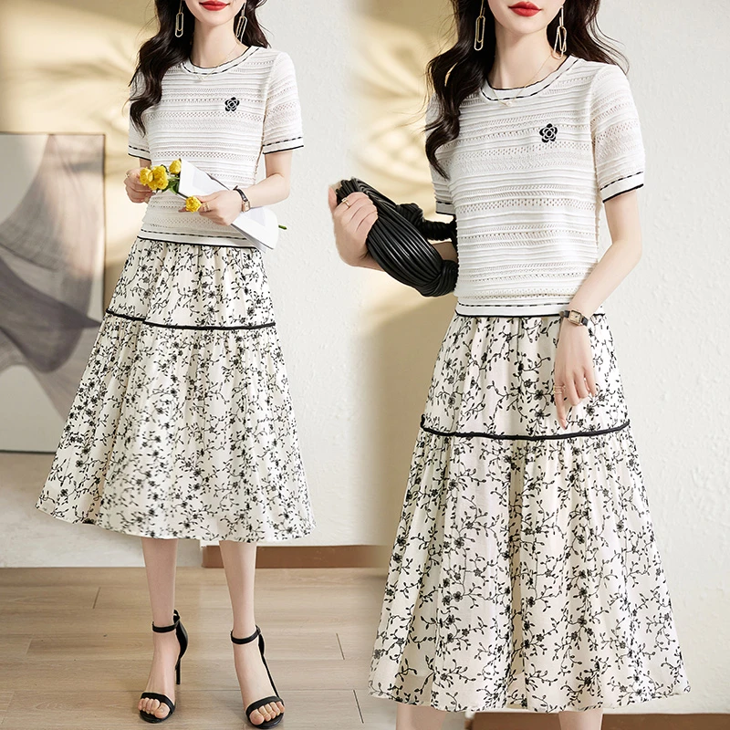 小香风短袖连衣裙女季2025新款洋气夏装两件套针织衫碎花半裙套装