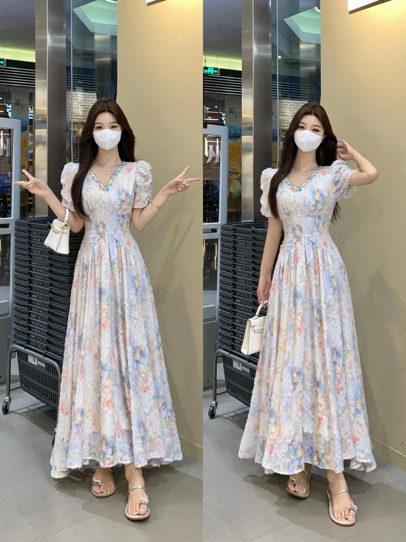 实拍大码法式甜美风碎花连衣裙高腰显瘦夏季新款绝美仙女长裙