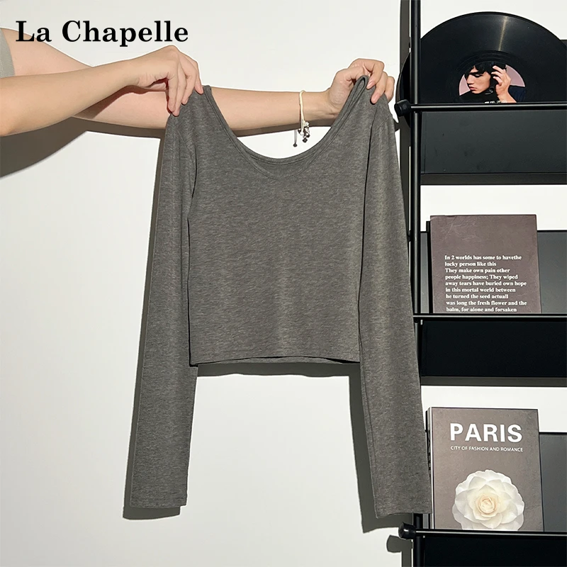 拉夏贝尔韩系花灰色V领大领口辣妹长袖T恤女2025秋季修身显瘦上衣