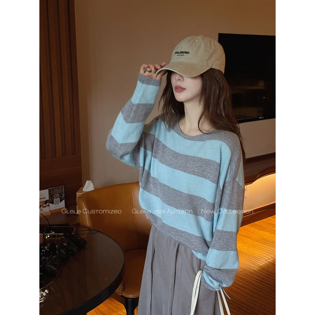 Glele私服【灰蓝毛衣】慵懒感浣熊绒柔软亲肤撞色条纹毛衣