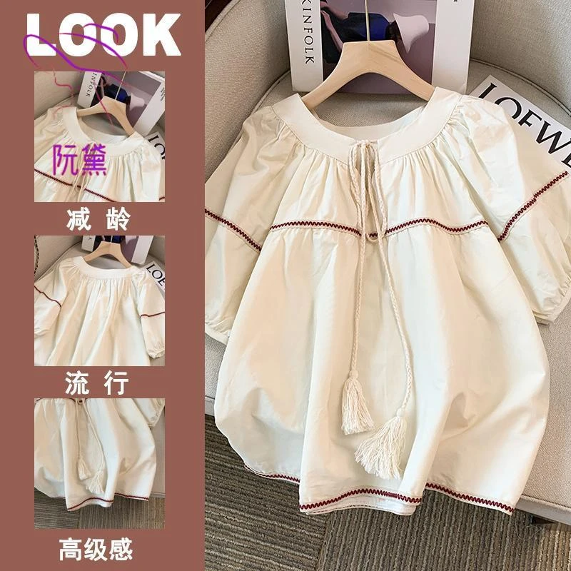 阮黛夏季韩版设计感泡泡袖衬衫女胖mm遮肚宽松休闲时尚短袖衬衣