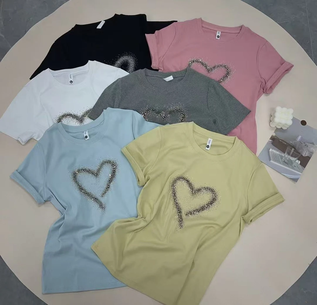 【2501】新品烫钻爱心圆领T恤上衣