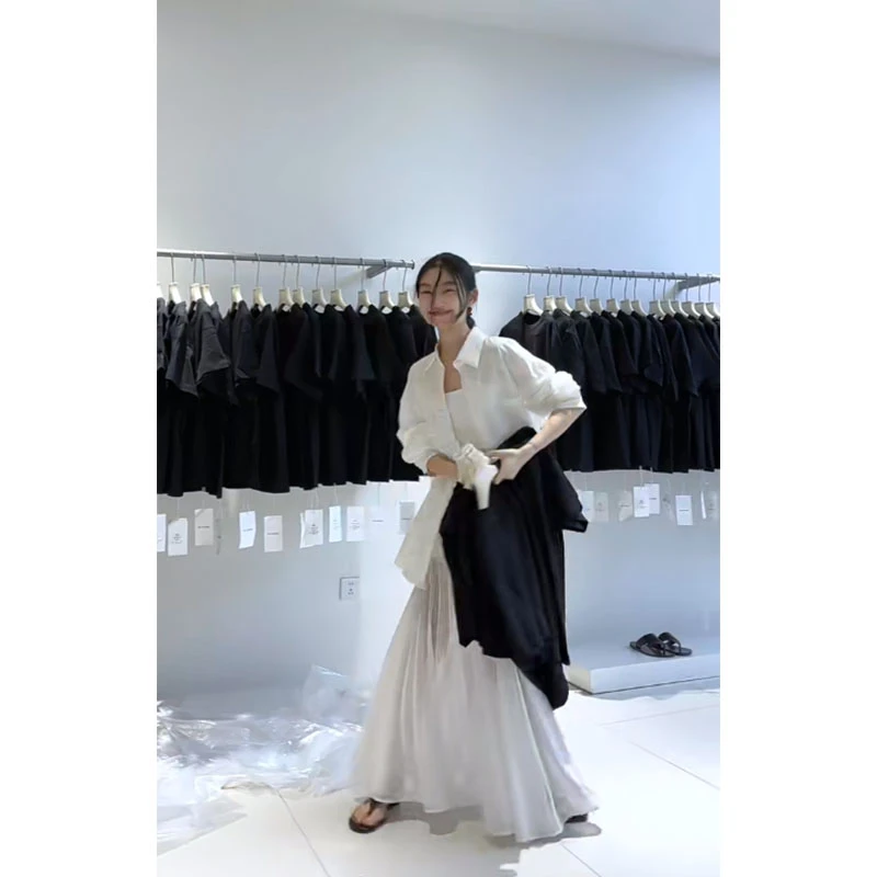 轻奢气质高级感露背绑带宽松长袖衬衫上衣收腰百搭拼接吊带连衣裙