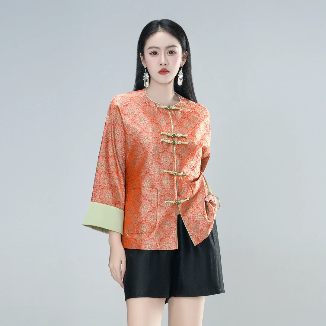 真丝（橘芷）提花拼接优雅国风气质时尚休闲女士落肩上衣外套61469