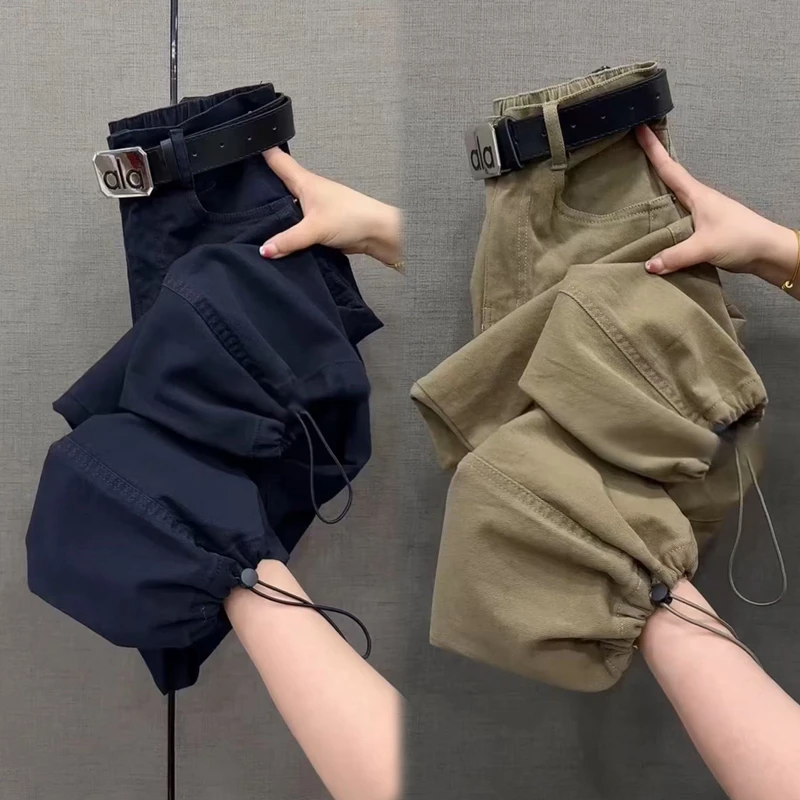 水洗牛仔九分裤女秋季新款高腰束脚抽绳两穿工装裤宽松显瘦弯刀裤