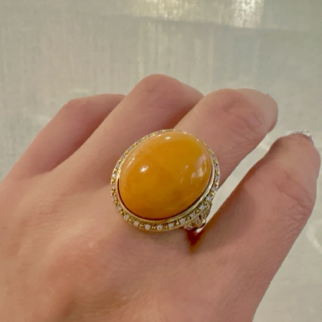 925银镶戒指活口老蜜蜡蛋面鸡油黄 复古新中式民族风黄色轻奢时尚